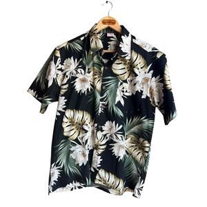 Zabu Men's Vintage Hawaiian Shirt Tropical Floral Black Size Large 100% Cotton
